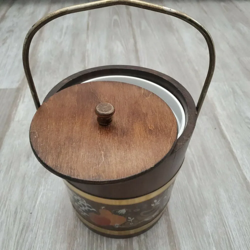 Vintage Ice Bucket Wood Brass Barrel Shape Barware Rustic Decor